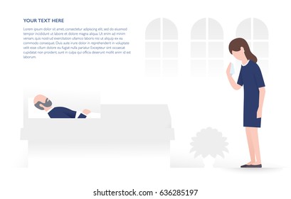 Dead elderly man are lying in open coffin. Next to him standing his crying widow. The funeral and the church services concept. Vector flat illustration. Horizontal banner with place for your text.