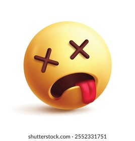 Dead emoji 3d clipart character. Emoji character in crossed eyes, tired, exhausted, dizzy, unconscious, sad and disappointed facial expression graphic elements. Vector illustration dead emoticon clip 