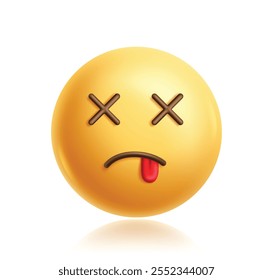 Dead emoji clipart 3d character. Emoji face character in crossed eyes, tired, exhausted, dizzy, unconscious, drained and sad facial expression. Vector illustration dead emoticon clip art.  
