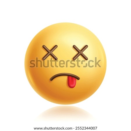 Dead emoji clipart 3d character. Emoji face character in crossed eyes, tired, exhausted, dizzy, unconscious, drained and sad facial expression. Vector illustration dead emoticon clip art.  
