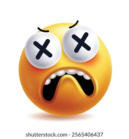 Dead emoji clipart character. 3d emoji stress, tired, frustration, sorrowful, despair, disappointed, grief and misery facial expressions yellow icon graphic elements. Vector illustration anxiety