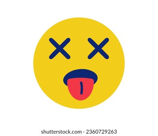 Tote Emoji. Gelbes Gesicht mit Kreuzen statt Augen. Smiley schockiert. Tod. Status, Nachricht Stimmung im sozialen Netzwerk. Erysipel mit hervorstehender Zunge. Einzelobjekt. Flacher Stil. Vektorgrafik