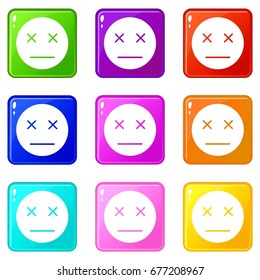 Dead emoticons of 9 color set isolated vector illustration