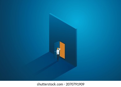 The dead end of a business woman who has no way out or is unable to continue her career path. Woman opening the door sees a wall blocking the way. isometric illustration vector. svg