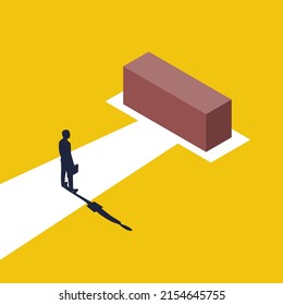 Dead end concept. The businessman is on the way before the dead end. Simbol bricks and the end of the road. Vector illustration isometric design. Isolated on background. No further road. 