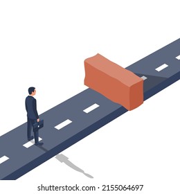 Dead end concept. The businessman is on the way before the dead end. Brick and the end of the road. Vector illustration isometric design. Isolated on background. No further road. 