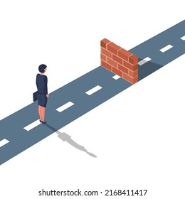 Dead end concept. The businesswoman is on the way before the dead end. Brick and the end of the road. Vector illustration isometric design. Isolated on background. No further road. 
