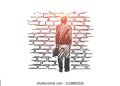 Dead end, problem, impasse, ponder concept. Hand drawn man stand in front of brick wall, symbol of dead-end concept sketch. Isolated vector illustration. svg