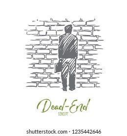 Dead end, problem, impasse, ponder concept. Hand drawn man stand in front of brick wall, symbol of dead-end concept sketch. Isolated vector illustration.