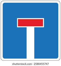 Dead end road sign with red horizontal bar and white vertical bar on blue background, informing drivers they cannot proceed further.