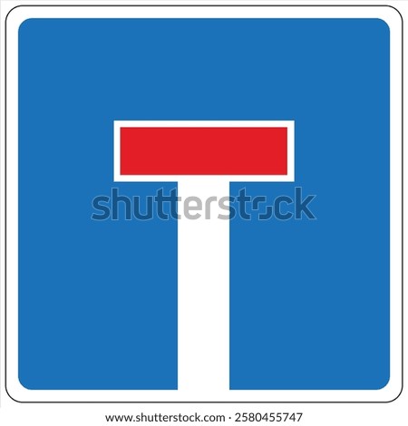 Dead end road sign with red horizontal bar and white vertical bar on blue background, informing drivers they cannot proceed further.