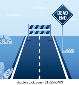 Dead end, road with warning sign board. Big barrier is blocking the highway. Career end, business troubles concept. Insurmountable obstacles. Flat vector illustration svg