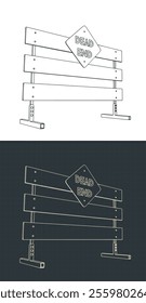 Dead end warning road sign and traffic barrier blueprints