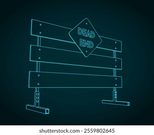 Dead end warning road sign and traffic barrier