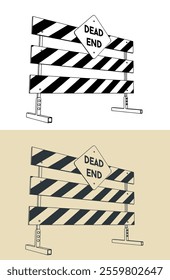 Dead end warning road sign and traffic barrier