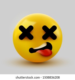 Dead face emoji. Cross eyes emoticon 3d rendering. Vector illustration
