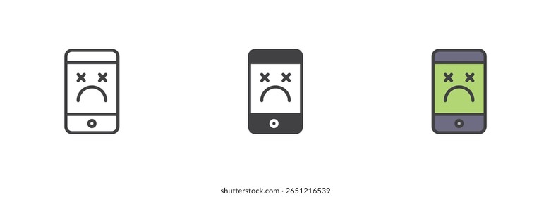 Dead face on smartphone icon in line, solid and colorful filled outline style. Mobile crash, hacked phone or virus symbol. Device error sign vector icon.