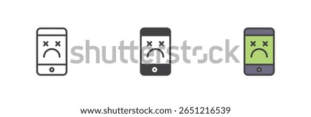 Dead face on smartphone icon in line, solid and colorful filled outline style. Mobile crash, hacked phone or virus symbol. Device error sign vector icon.