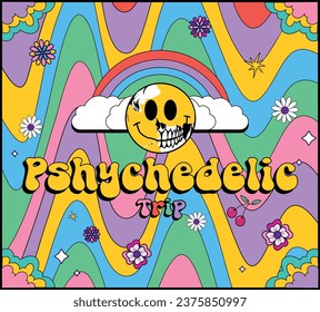 Dead face in a Psychedelic art background with flowers, clouds and colors. Best trippy art of the world