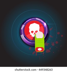 dead finger pressing on attention danger death button with blood - vector illustration