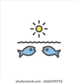 Icono de contorno lleno de peces muertos. ilustración de línea de color de onda de calor.
