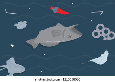Dead Fish Floating By Poisoning Due To Toxic Spills, Chemicals, Fuels, Oils, Plastics, Trash, Sea Garbage In The Ocean Environment Vector Flat Illustration