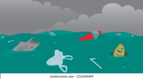 Dead fish floating by sea garbage in the ocean environment Vector illustration