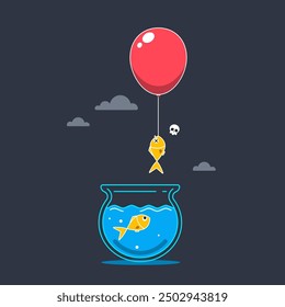The dead fish floating with a red balloon. Isolated Vector illustration