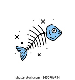 Dead fish head and bones line icon. Cartoon fish skeleton graphic. Vector illustration.