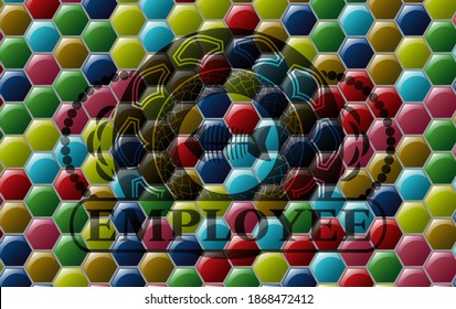 dead fish icon and Employee text Colorful candy realistic emblem. Hexagon exquisite background. Illustration. 