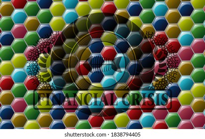 dead fish icon and Financial Crisis text Colorful candy multicolored realistic emblem. Hexagon delicate background. Artistic illustration. 