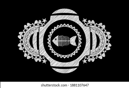 tote Fischsymbol im Kreidezeichen. Bretter-modischer Hintergrund. Künstlerische Illustration. 