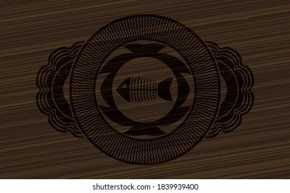 dead fish icon inside dark wood emblem. Brown exquisite background. Intense illustration. 