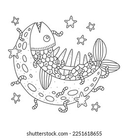 Dead fish on the moon. Eaten by worms. Scary crescent moon night. Coloring page. Cartoon vector illustration. Isolated on white. Outlined hand drawn artwork. Clipart