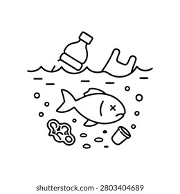 Dead fish with plastic bottle and trash, dead fish ocean pollution outline icon for marine waste, dirty water and environmental damage