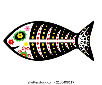 Dead, Fish Skeleton Bone Icon Or Logo. Vector Colorful Postcard. Dia De Los Muertos, Day Of The Dead Or Halloween Concept. Fishes Skeletons With Floral Design, Isolated On White Background