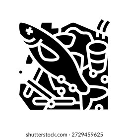 toter Fisch umgeben von Plastikglyph-Icon-Vektor. toter Fisch umgeben von Plastikschildern. einzelne Symbolgrafik
