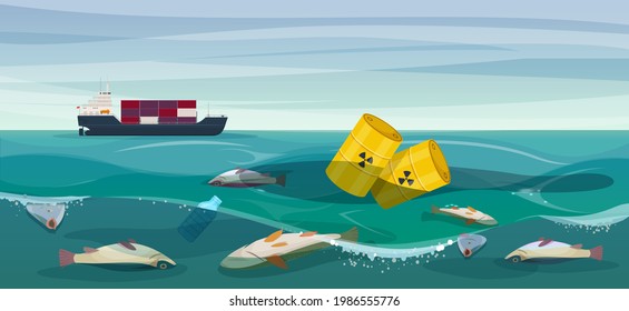 Dead Fish And Toxic Waste Barrels Floating On Ocean. Cargo Ship On The Horizon.  Concept Of Environmental Disaster. Vector Illustration 