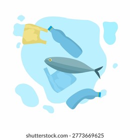 Dead fish vector with scattered trash. Concept for a movement to clean up plastic waste. Environmental pollution.