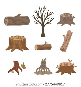 Dead forest elements featuring tree stumps, fallen logs, and dry branches flat vector illustration.