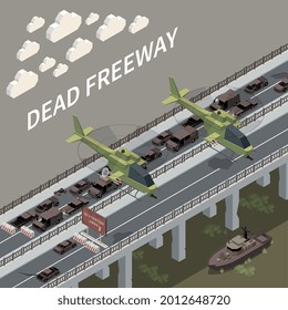 Dead freeway isometric background with cars left on roadway and billboard with quarantine area text vector illustration