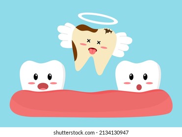 Dead funny cute tooth cartoon character in flat design. Dental cavity or tooth decay concept vector illustration.