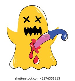 Dead ghost with dagger wound, sticker vector in flat style 