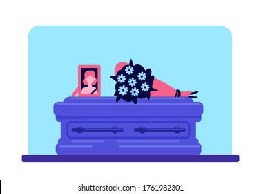 Dead girl coffin and photo flat color vector illustration. Funeral tradition. Burial ceremony. Ritual service 2D cartoon interior with deceased female picture and flowers on background