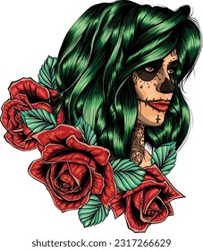 dead girl with sugar skull makeup vector design