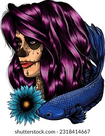 dead girl with sugar skull makeup vector design