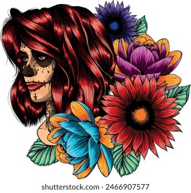 dead girl with sugar skull makeup vector design