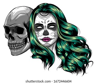 Dead girl with two sugar skulls. vector illustration
