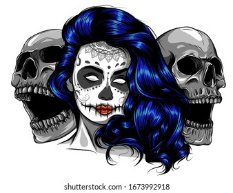 Dead girl with two sugar skulls. vector