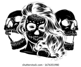 Dead girl with two sugar skulls. vector